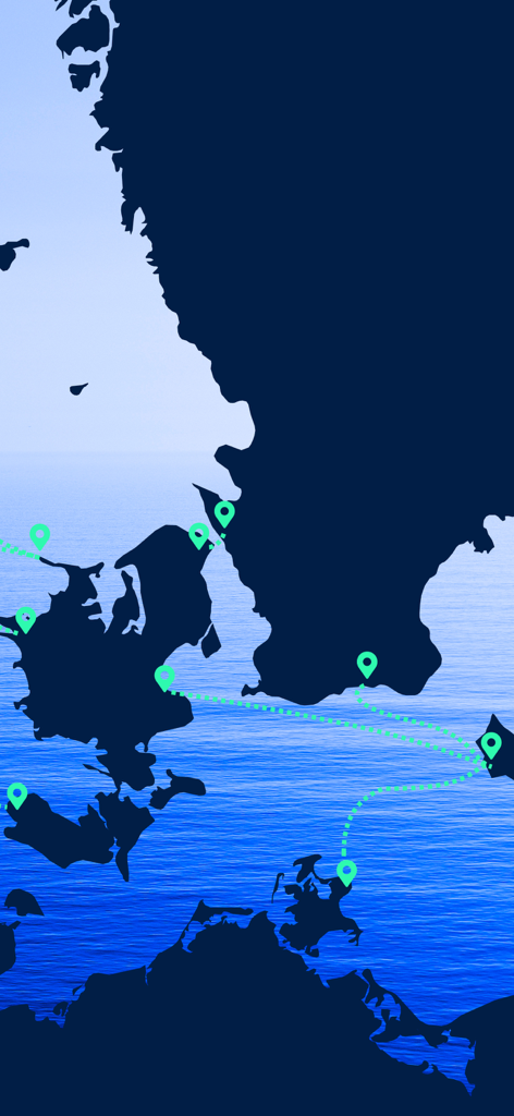 Map showing ferry routes and port locations in Denmark and Sweden
