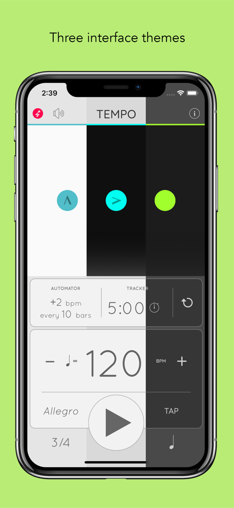Metronome: Tempo Lite - Metronome Tempo Lite app showing three interface themes and practice tracker on a smartphone.