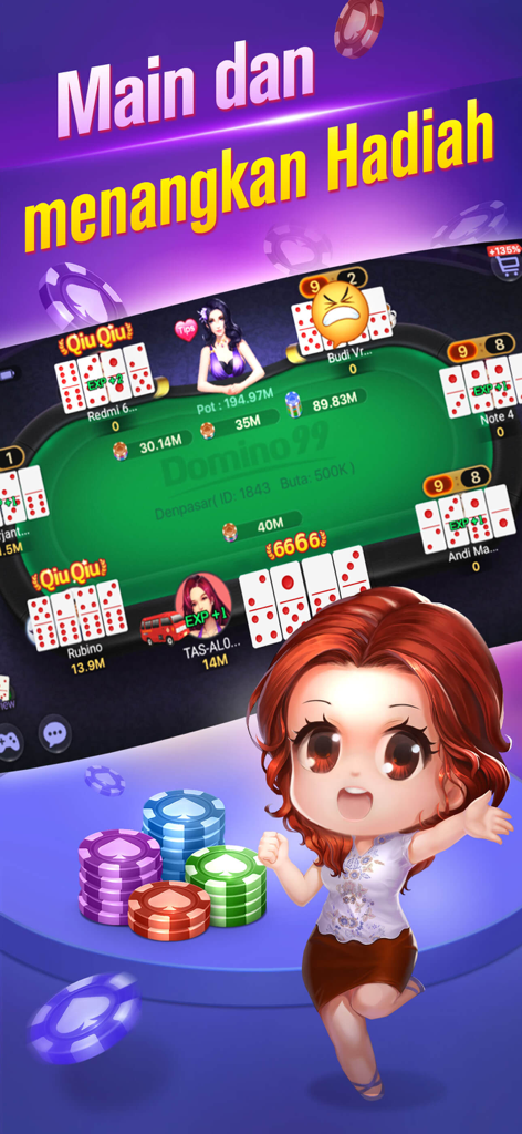 Poker Online: Texas Holdem - Un écran de jeu de Poker Online montrant un match de Domino 99 avec des jetons colorés et un personnage de dessin animé.