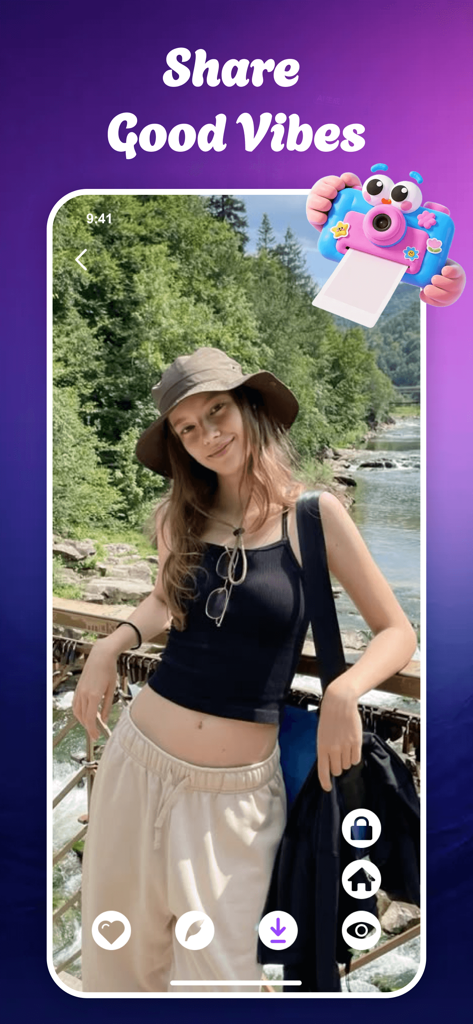 A mobile app screenshot of Wallify featuring a photo of a woman on a bridge with the text Share Good Vibes and various UI icons for wallpaper customization