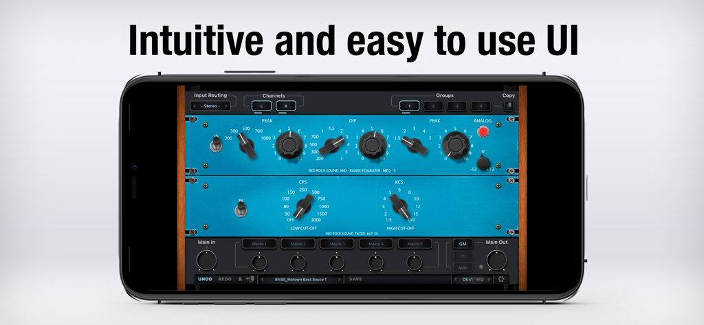 RRS MEQ-5 - Smartphone displaying the RRS MEQ-5 and HLF-3C audio plugin interface