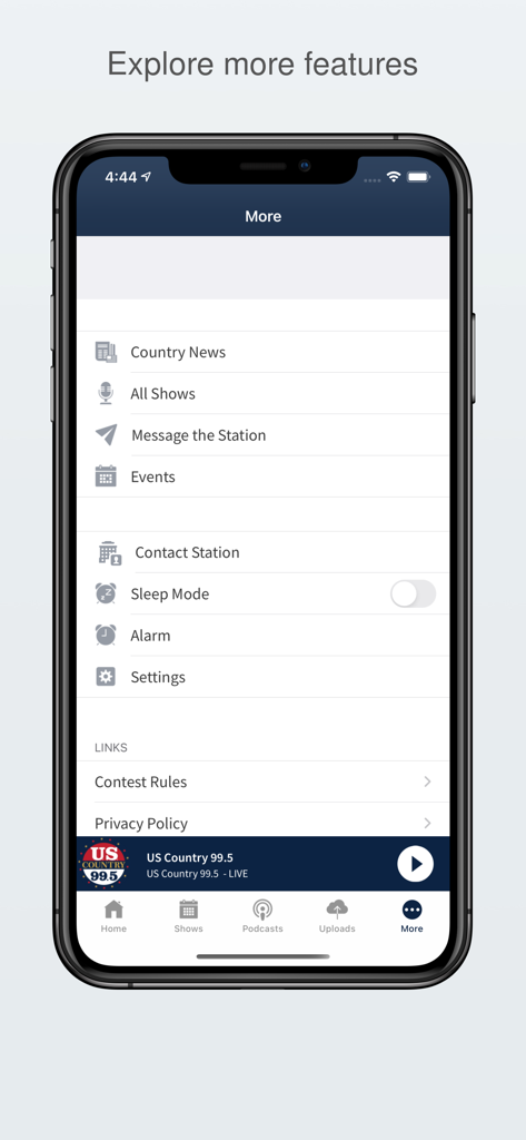 US Country 99.5 - US Country 99.5 app menu screen showing additional features like news shows and alarm settings