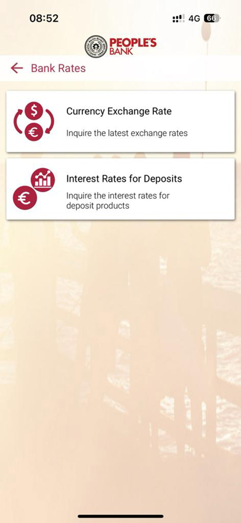 People's Wave mobile app screen displaying currency exchange rates and interest rates for deposits.