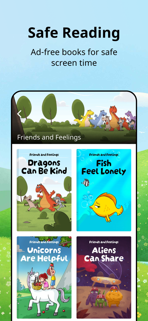 Booktime - Booktime app interface showing a collection of ad-free illustrated children books for safe reading.