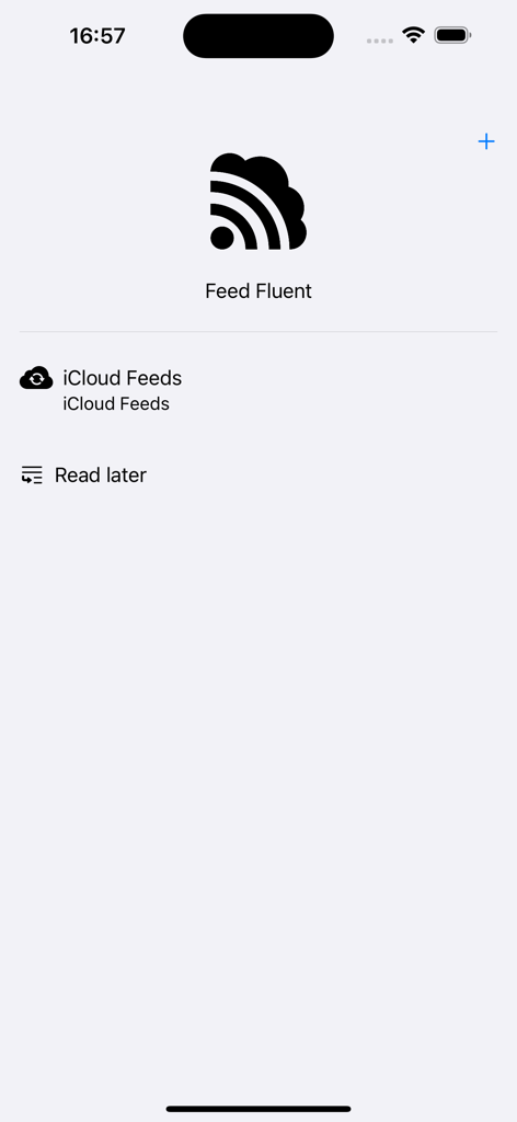 Main screen of Feed Fluent app showing options for iCloud Feeds and Read later articles