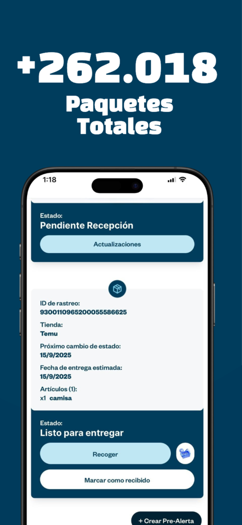 Shop USA - Shop USA mobile app interface showing package tracking details and delivery status in Spanish