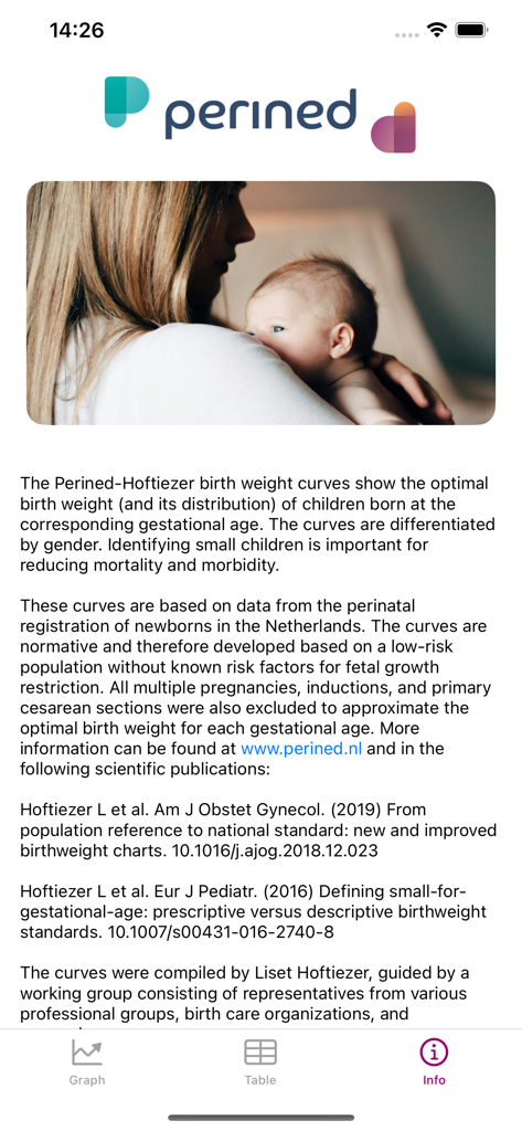 PRN Graph - Info screen of the PRN Graph app explaining Perined-Hoftiezer birth weight curves and scientific citations with a photo of a mother and newborn