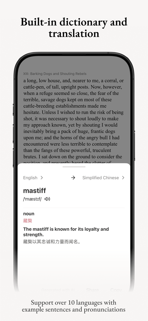 Koodo Reader - Koodo Reader mobile app showing built in dictionary and translation feature