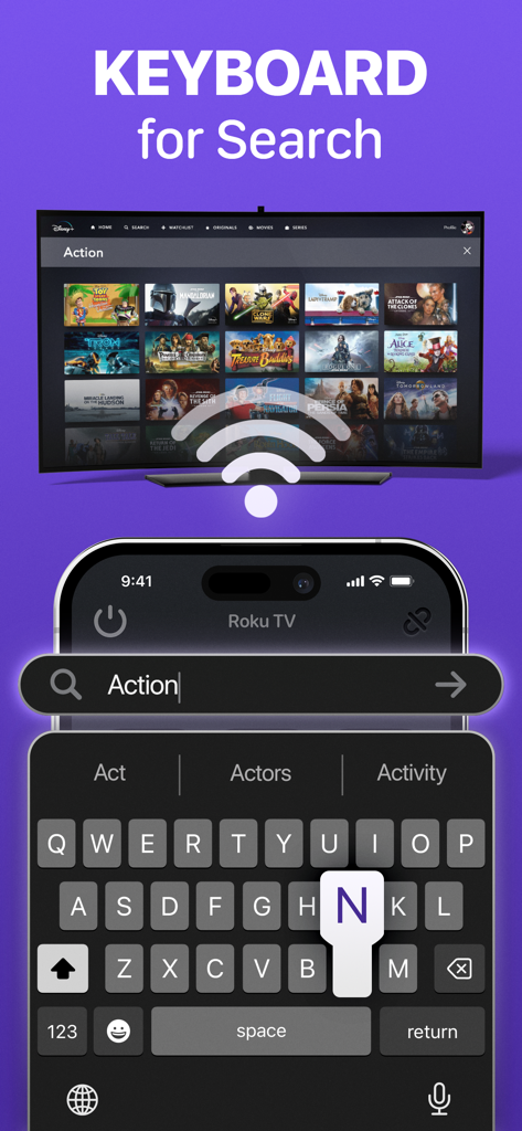 Smart Remote Control & TV Cast - Interface do teclado do iPhone usada para pesquisar filmes em uma tela de TV inteligente