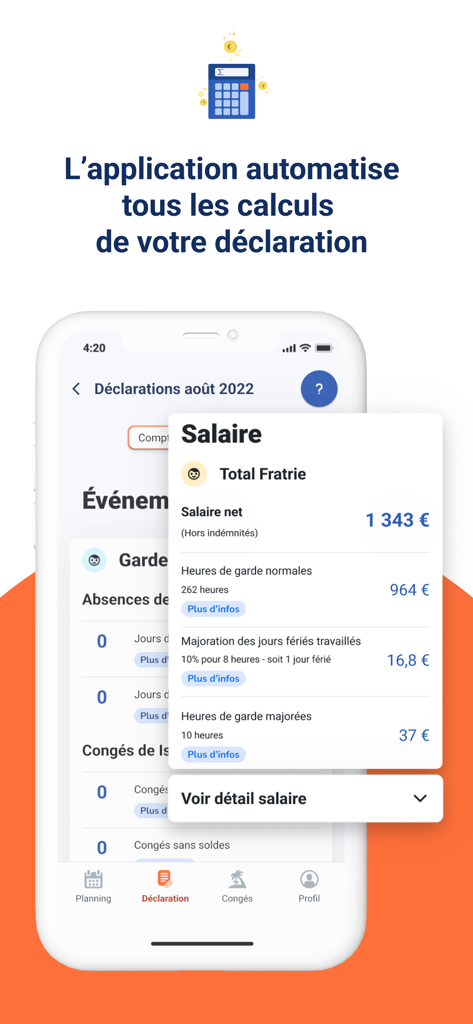 Mon Pajemploi au quotidien - Mon Pajemploi mobile app showing automated salary and hours calculation for childcare services