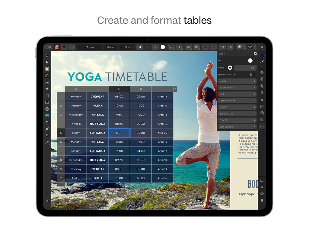 Creazione e formattazione di un orario di yoga professionale utilizzando tabelle in Affinity Publisher per iPad