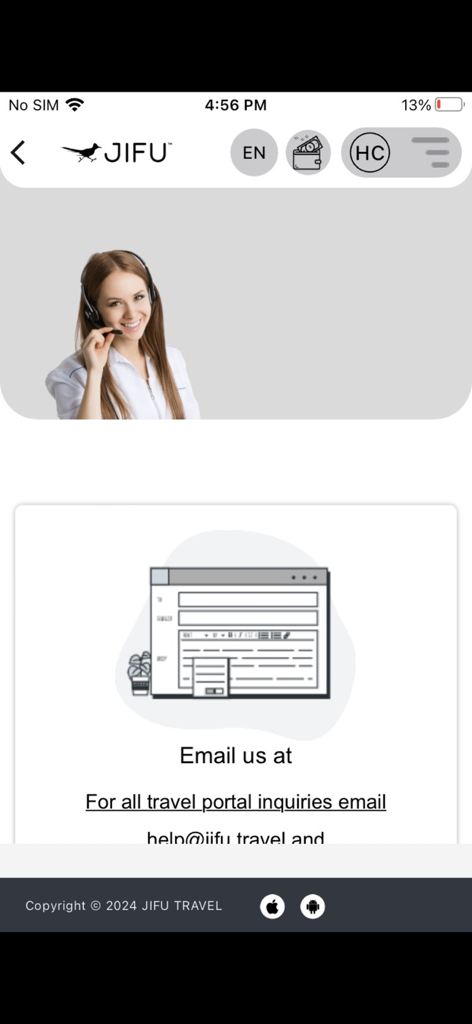 Contact and support screen of the JIFU Member app featuring a customer service representative and email contact information