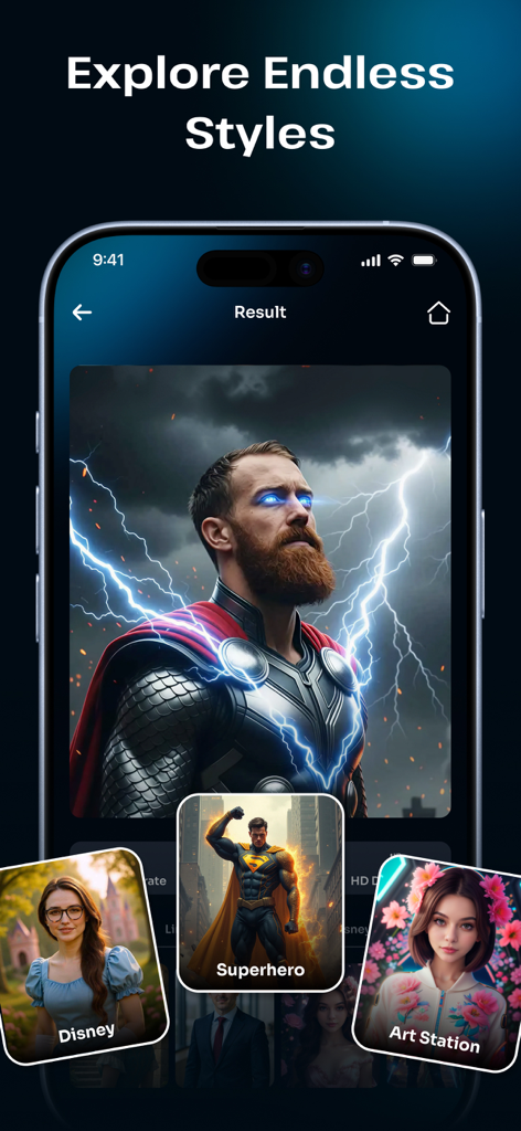 AI画像ジェネレータースタジオのインターフェース。スーパーヒーローやファンタジーテンプレートなど、さまざまなクリエイティブスタイルが表示されています。