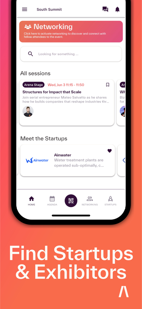 Interfaz de la app South Summit mostrando sesiones del evento y un directorio para encontrar startups y expositores.