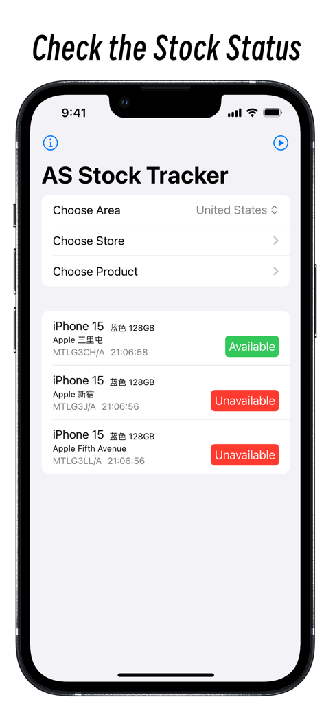 Stock Tracker for AS app showing iPhone 15 availability across multiple Apple Store locations with green available and red unavailable status indicators.