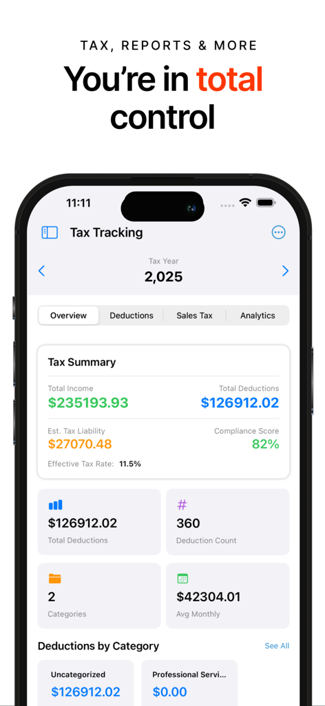 Invoice Manager - Tax tracking dashboard in the Invoice Manager app displaying total income deductions and estimated tax liability for business owners.