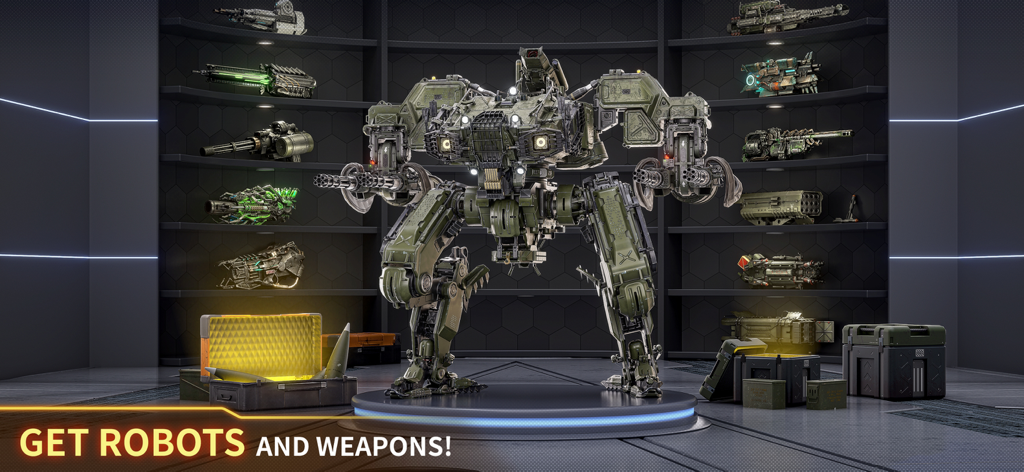 Armor Attack: Robot & Mecha - A detailed green battle mecha standing in a futuristic hangar with several sci-fi weapons on wall shelves.