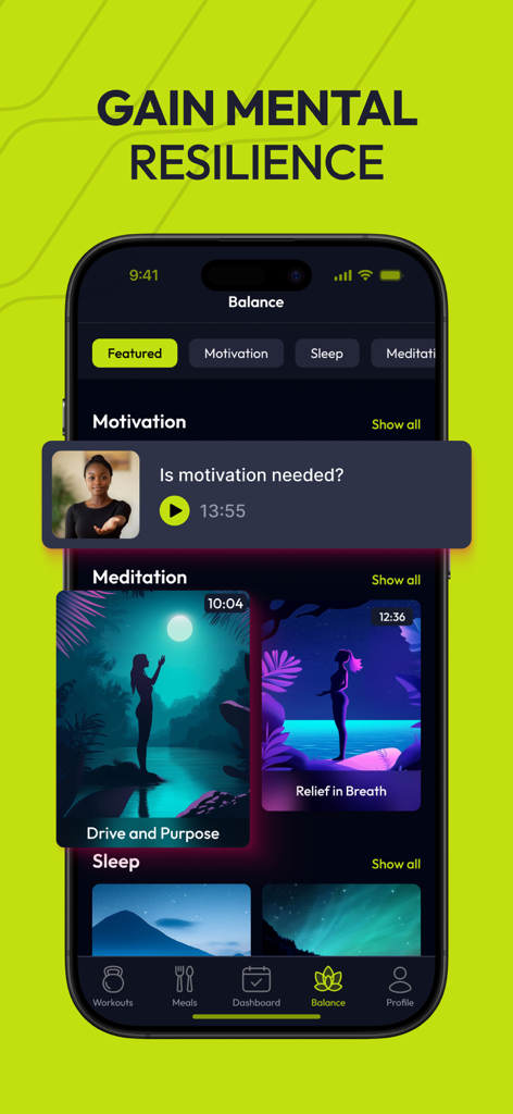 Resilient: strength workouts - Smartphone screen showing the mental wellness section of the Resilient app with meditation and motivation features