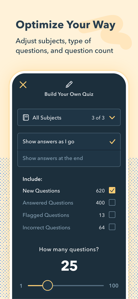 Pocket Prep PMP 2026 - Pocket Prep PMP app interface for building a custom practice quiz with adjustable subjects and question counts.