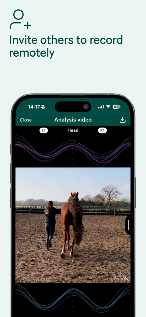 Sleip - Sleip app interface showing an analysis video of a horse trotting with gait movement graphs for remote monitoring