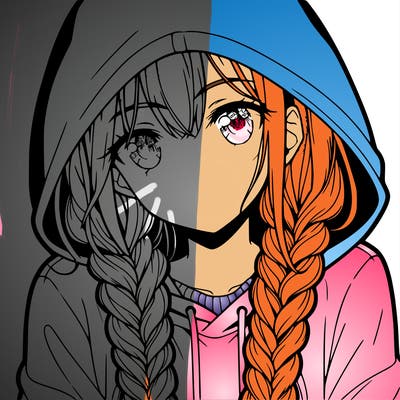 anime girl with long braids and hoodie