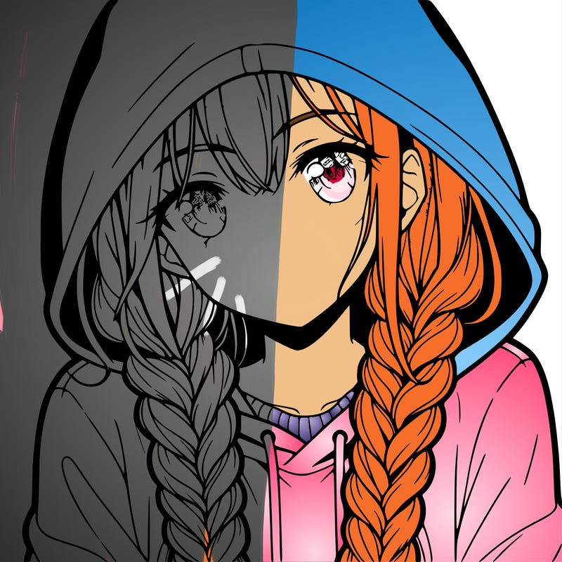 anime girl with long braids and hoodie