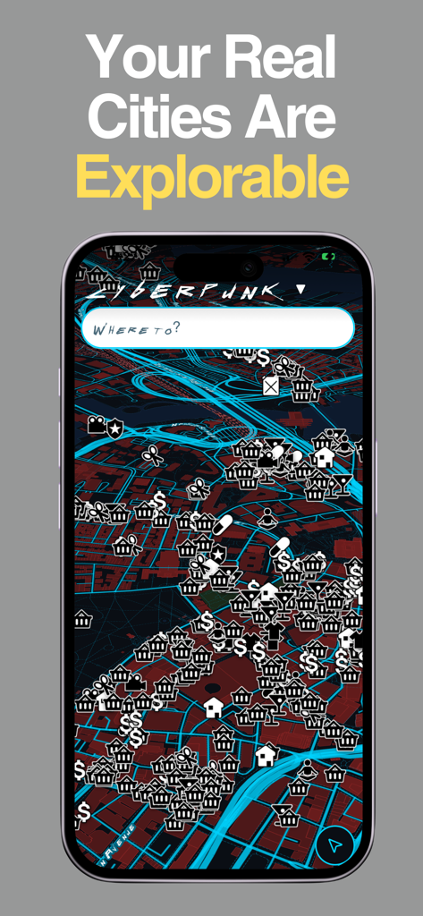 Pixel Maps - Game Maps IRL - An iPhone screen displaying a cyberpunk themed map from the Pixel Maps app with neon blue and red accents.