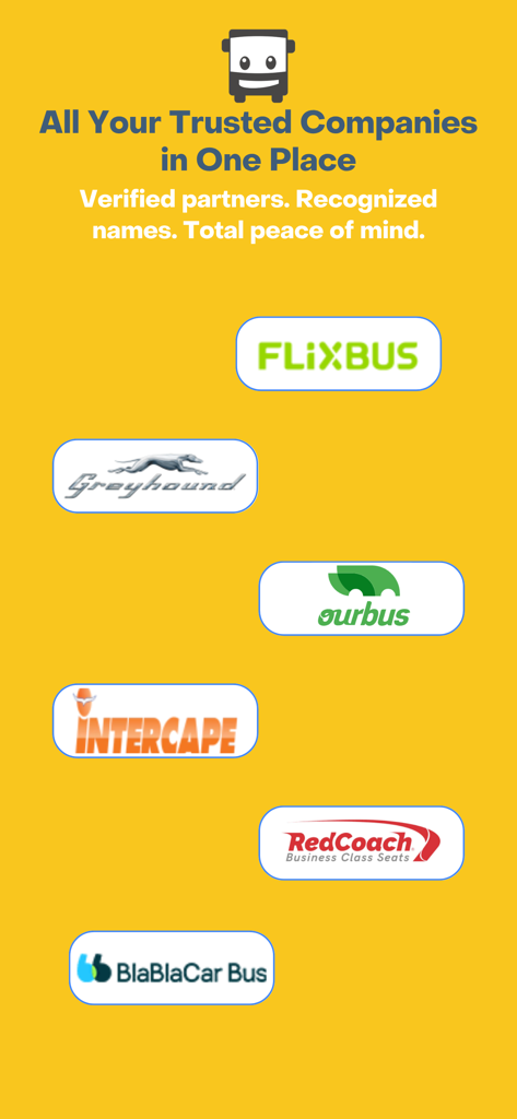 Logos of trusted bus companies like FlixBus, Greyhound, and BlaBlaCar Bus in one app