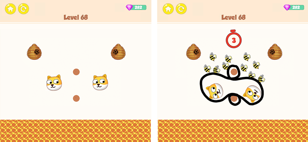 Save My Doggy - Dog Rescue - Capture d'écran du gameplay montrant une ligne protectrice dessinée autour de deux chiens pour les sauver d'une nuée d'abeilles dans le jeu mobile Save My Doggy.