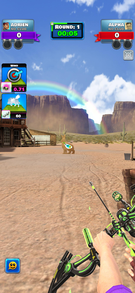First person view of a player aiming a high-tech compound bow at a rabbit target in a desert wild west venue with a rainbow in the background