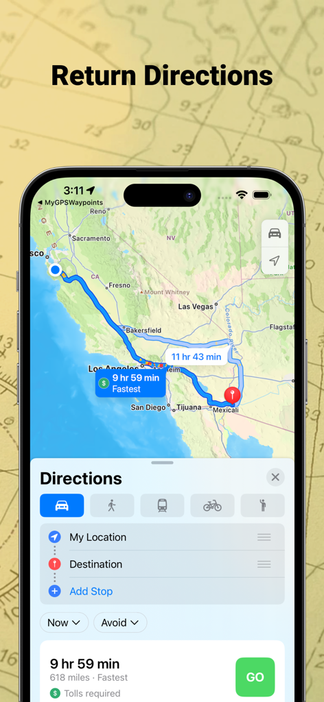 GPS Waypoint - MyGPSWaypoints - iPhone screenshot showing the GPS Waypoint app with driving directions and route time on a map.