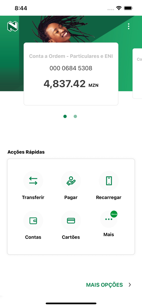 MyUey - MyUey app dashboard showing account balance in Meticais and quick action icons for transfers and payments