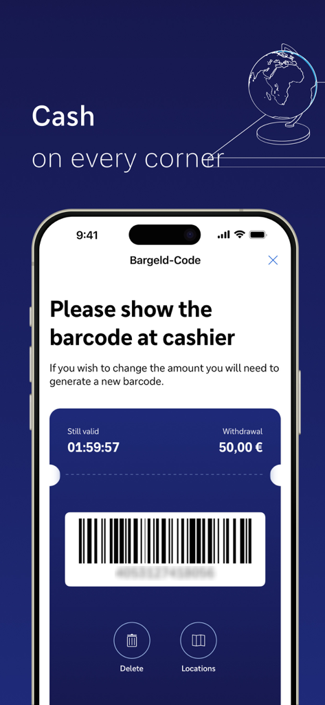 Bildschirm der Deutsche Bank App mit einem Barcode für die kartenlose Bargeldauszahlung.