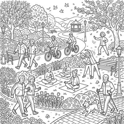 Celebrate the vibrancy of spring and active aging with this engaging coloring page featuring seniors exercising in a beautiful park. It's a wonderful way to unwind and bring a lively scene to life with your favorite colors.