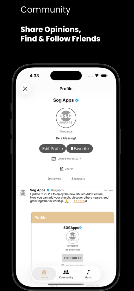 Community profile page in the CSHymns app showing social features for followers and church updates.