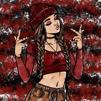 realistic teenage girl with braids and a beanie and crop top doing 🫶🏼