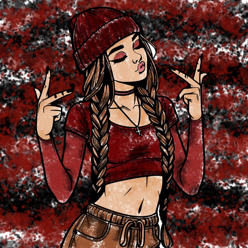 realistic teenage girl with braids and a beanie and crop top doing 🫶🏼