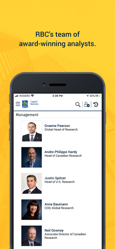RBC Insight Research - Mobile screen of RBC Insight Research showing its team of award-winning analysts.