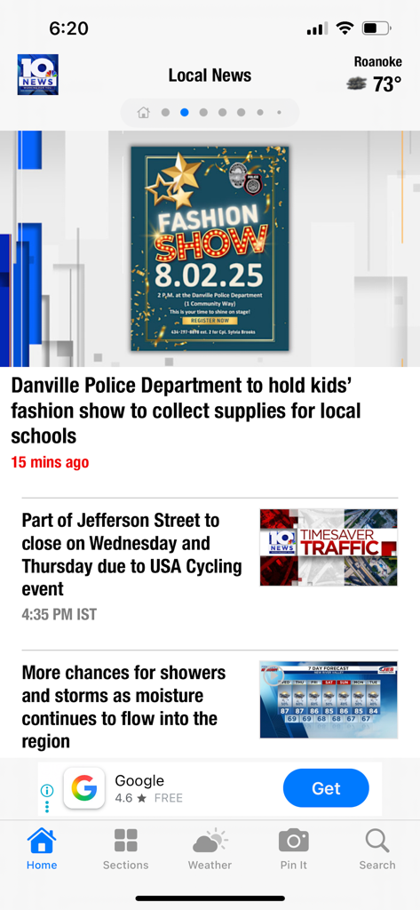 WSLS 10 News - Roanoke - WSLS 10 News app home screen with local Roanoke news and weather