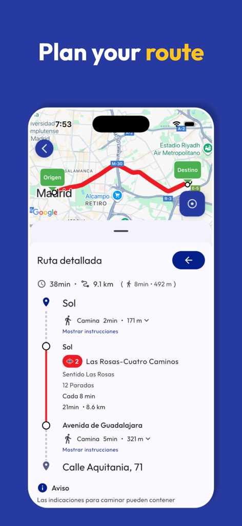 Madrid Metro Bus Cercanias - Interfaz de aplicación móvil mostrando un plan de ruta detallado en Madrid con mapa e indicaciones de transporte.