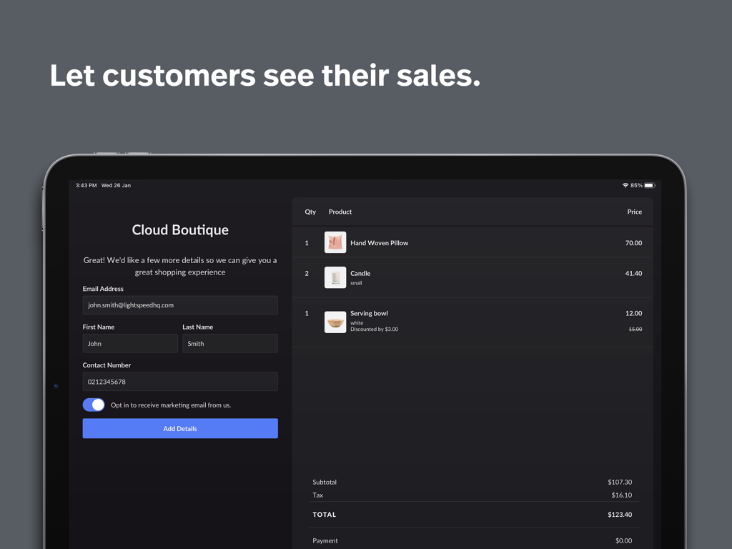 Lightspeed Display (X) - iPad screen showing a customer-facing display with transaction items and a contact information form for a retail boutique