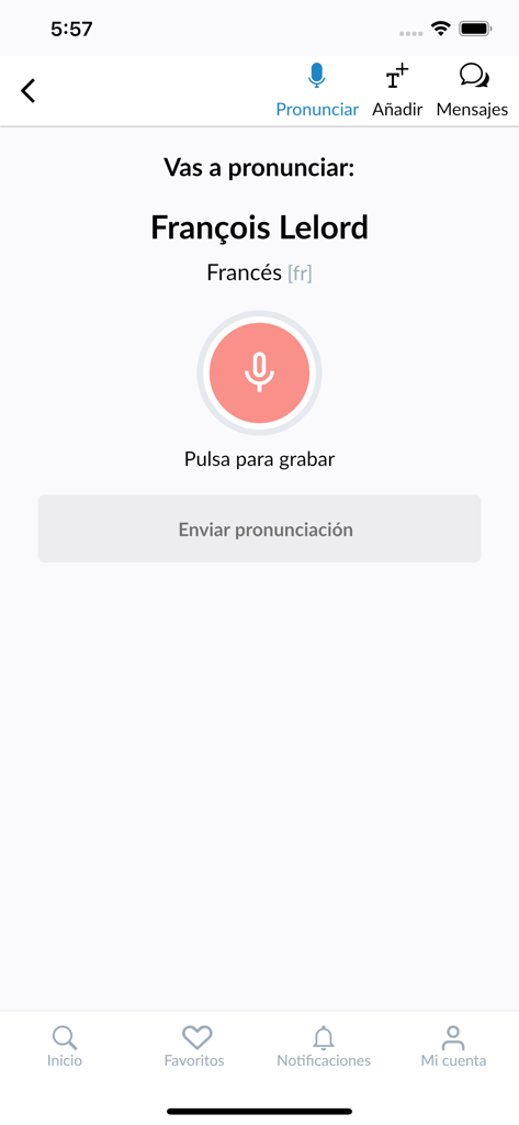 Interface of the Forvo app showing a recording screen to contribute a pronunciation for a French name.