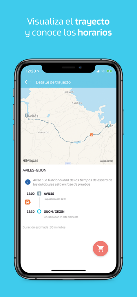 Interfaz de la app móvil mostrando seguimiento de rutas de autobús en tiempo real y horarios para el norte de España