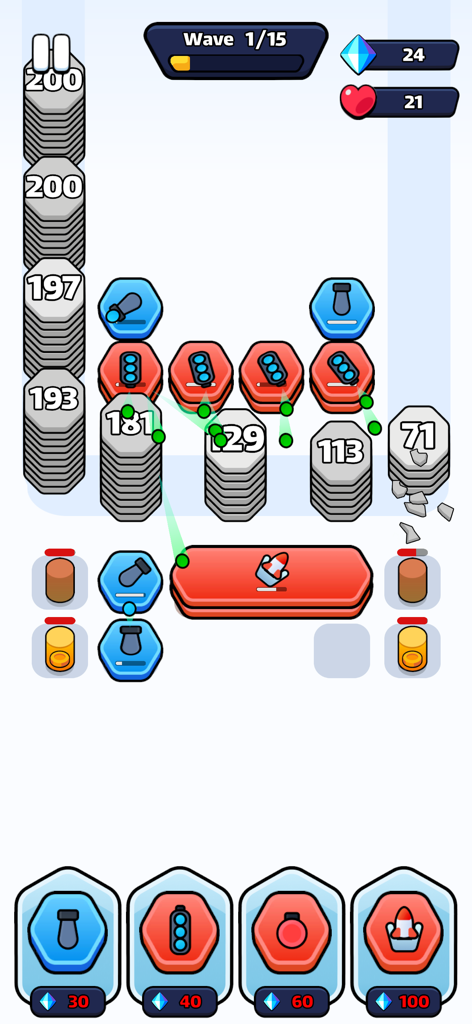 Hex Defense! - Mobile gameplay of Hex Defense showing turrets attacking stacks of hexes with skill upgrades at the bottom.