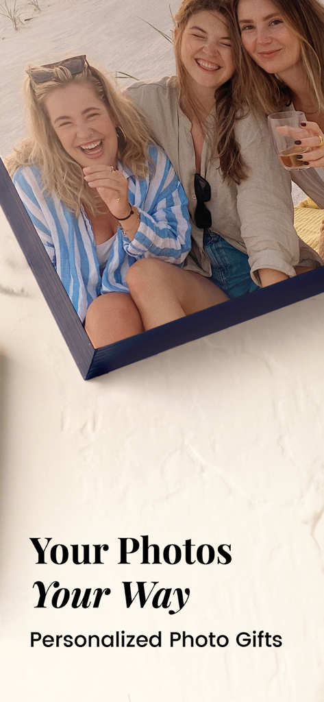 Framed photo of three friends with the text Your Photos Your Way Personalized Photo Gifts