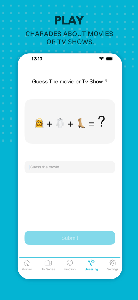 MyFlixer app interface showing a movie guessing game with emoji charades