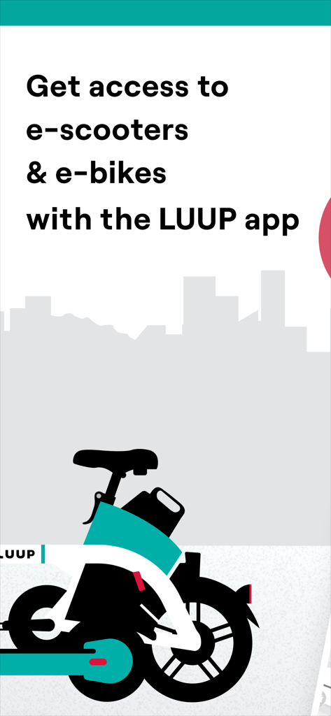 Graphic of a LUUP electric bike with city skyline background and text promoting e-scooter and e-bike access.