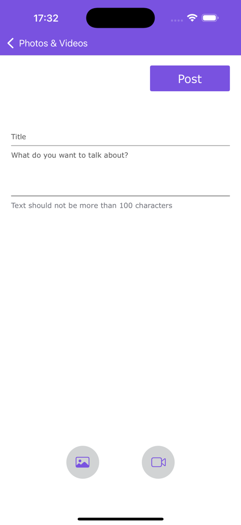 Campus.Life - Oberfläche der Campus.Life App mit einem Bildschirm zum Erstellen eines neuen Beitrags mit Feldern für Titel und Beschreibung sowie Optionen zum Hochladen von Fotos und Videos.