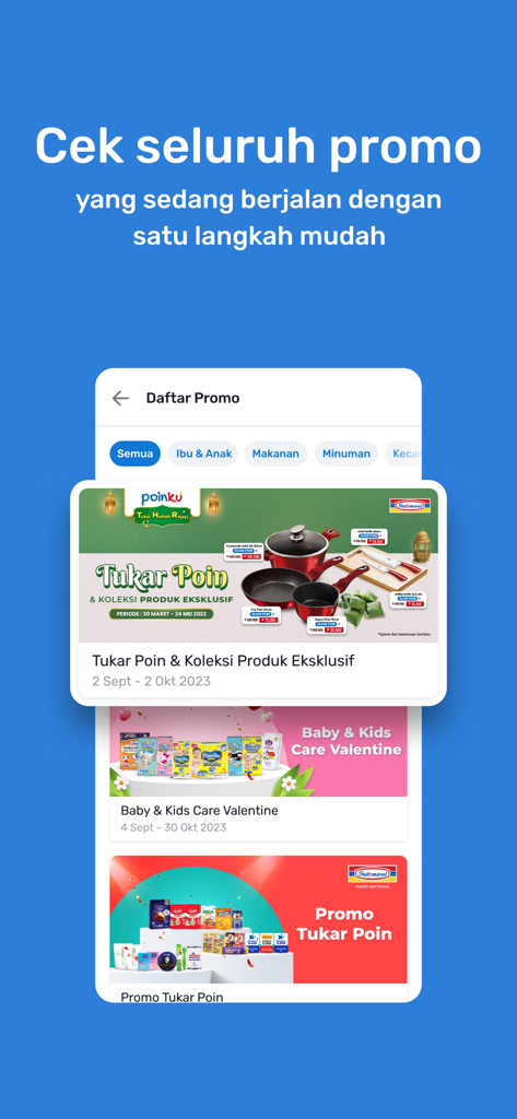 Interfaz de la aplicación Indomaret Poinku mostrando varias promociones de compras y ofertas de puntos de lealtad.