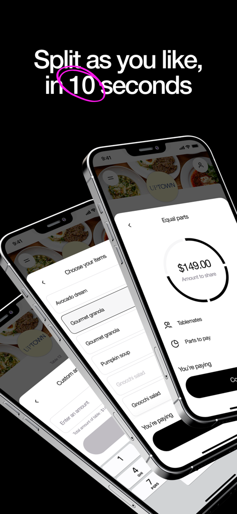 sunday - Pay in restaurants - Interface of the Sunday app showing options to split restaurant bills by items or equal parts in seconds.